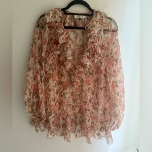 Zimmermann 100% Silk Floral Ruffle Blouse Size 3 Pink/Cream NWOT Pristine